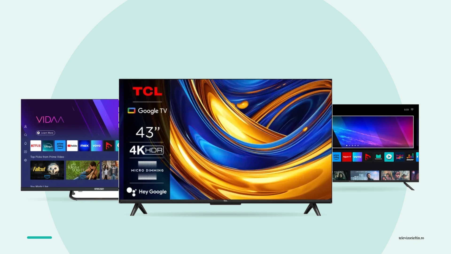 Trei televizoare ieftine, de 32, 43 si 50 de inch, unul langa altul