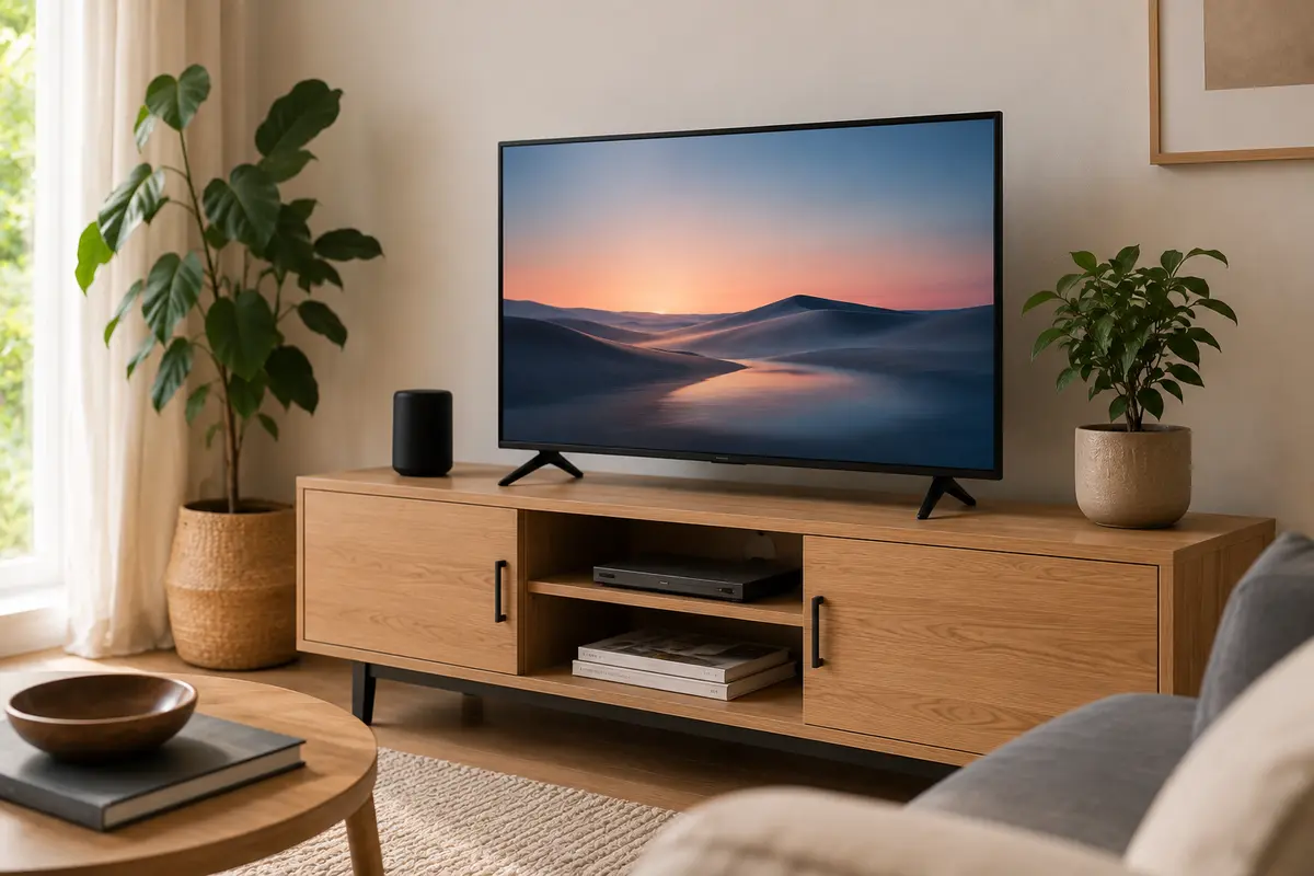 Un televizor de 40 inch asezat pe o comoda TV