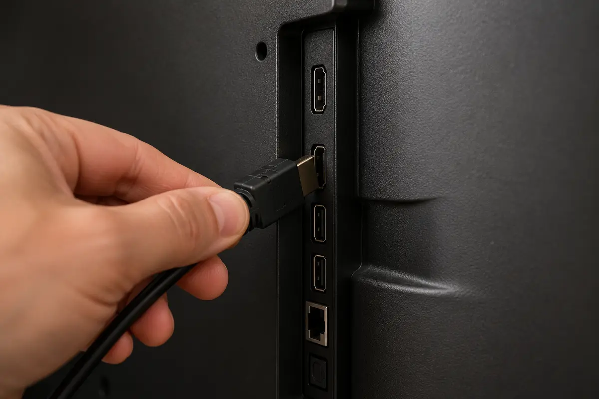 Porturile HDMI si USB de pe spatele unui televizor de 43 inch