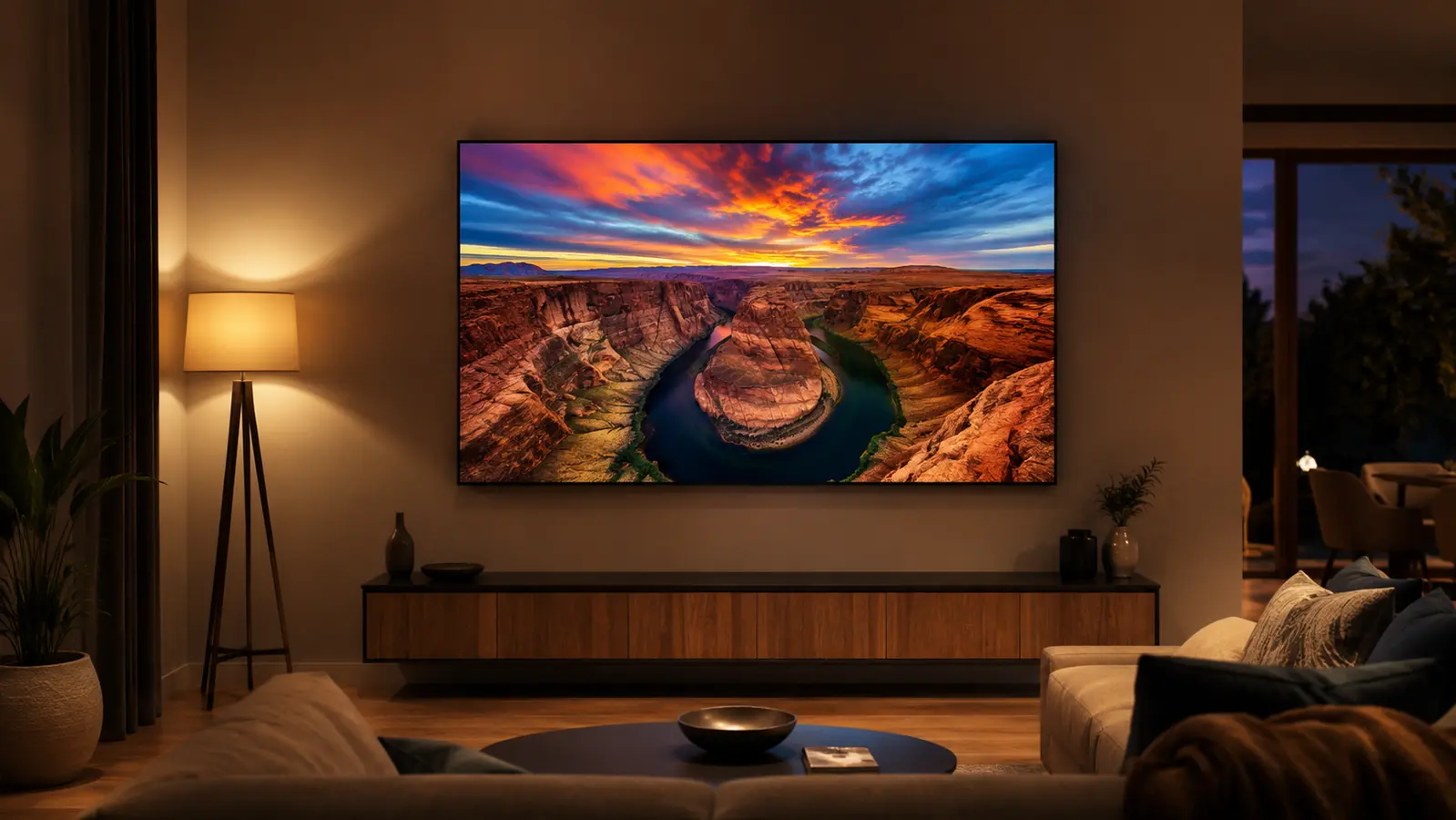 Televizor 4K ieftin intr-un living modern