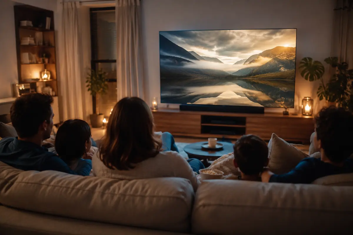 O familie se uita impreuna la televizorul din living