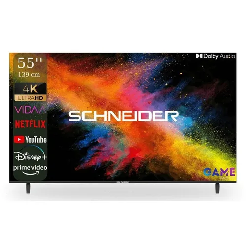 Televizor Smart VIDAA Schneider LED50‑SC691K, 127 cm (50”), 4K UHD, DLED, Borderless, Unghi larg 178°, 3x HDMI, Clasa F, Negru